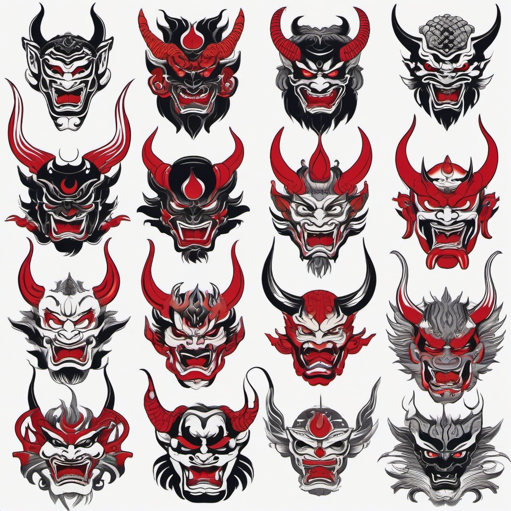 Japanese Demon Faces - Depicts various faces and expressions of Japanese demons in tattoo art.  simple color tattoo,white background,minimal