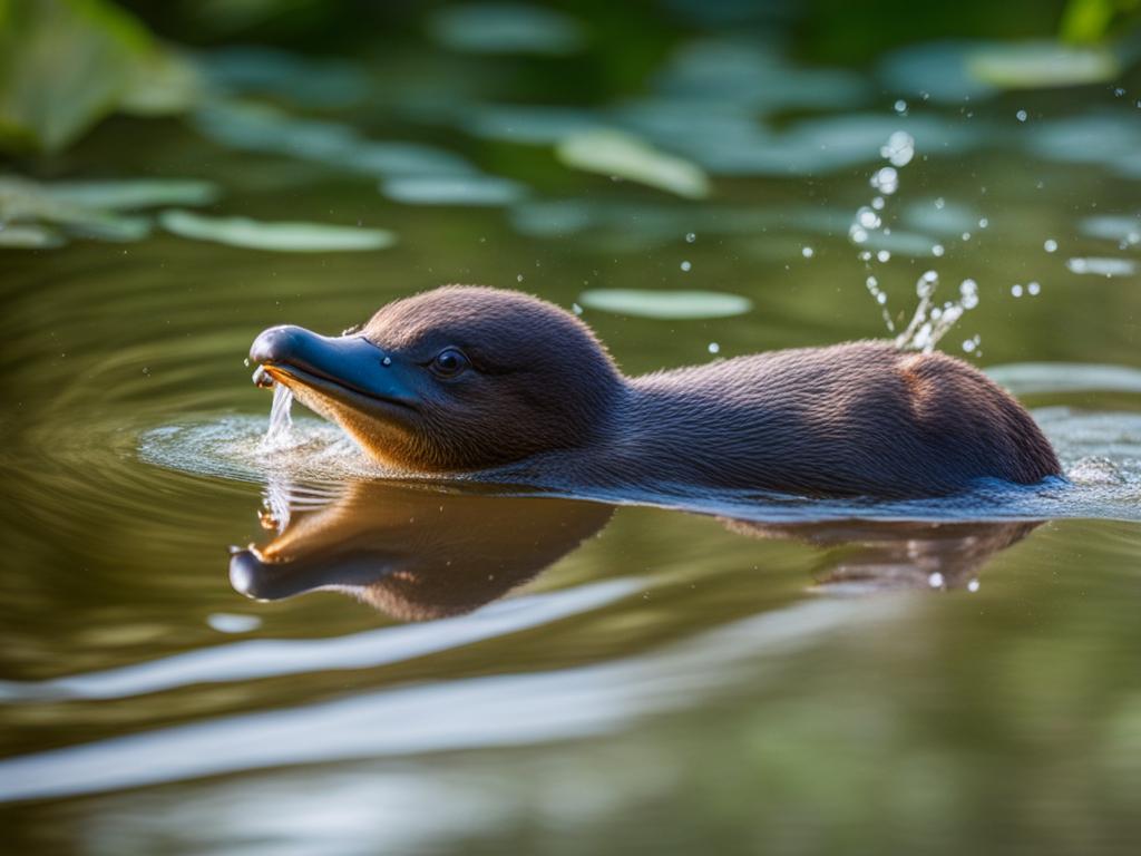 playful baby platypus splashing in a freshwater pond. 