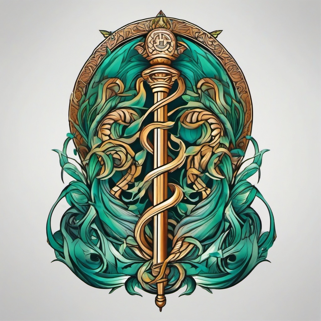 Asclepius Tattoo - Honor the god of healing and medicine with an Asclepius tattoo, symbolizing health, wellness, and the medical profession.  simple color tattoo design,white background