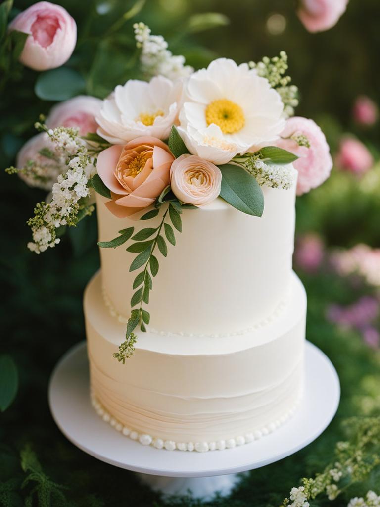 wedding almond cake in a romantic garden: envision an almond-infused wedding cake accented with fresh flowers, surrounded by a lush, moonlit garden. 