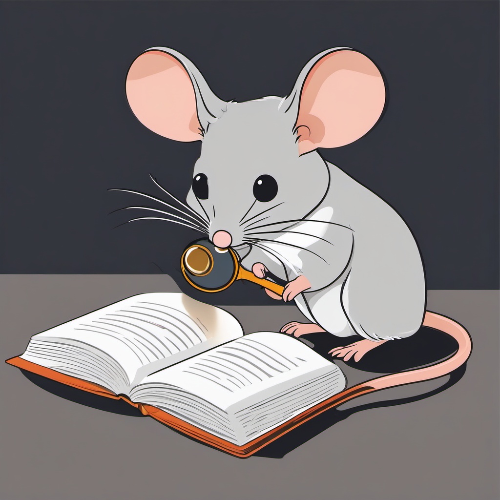 Mice clipart - mouse using a magnifying glass to read a book  color,minimalist,vector clipart