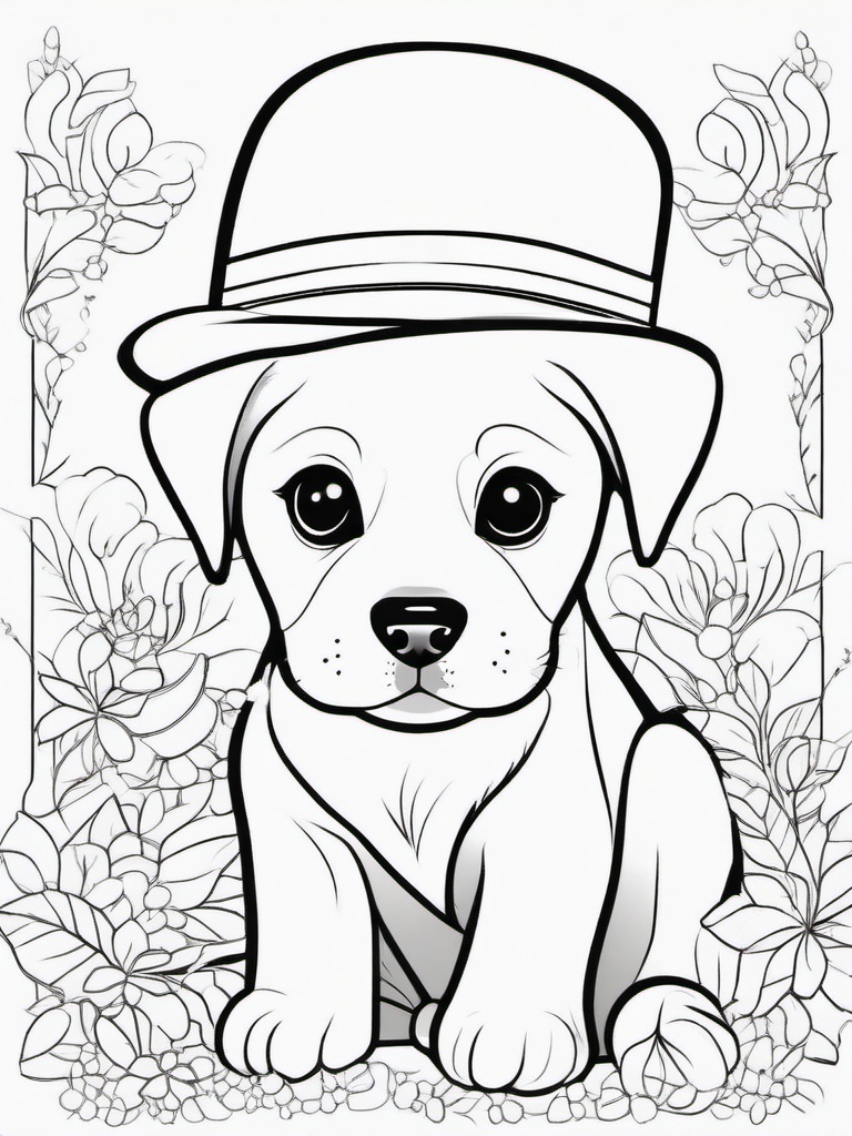 Puppy with a Hat Coloring Pages - Adorable Puppy Wearing a Fun Hat  minimal black outline printable sheet, coloring page