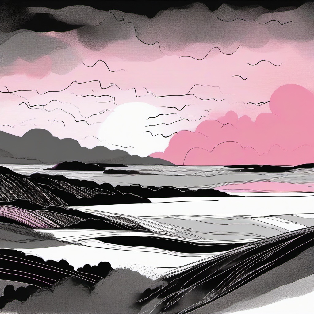 drawing of a sunset with pink clouds  minimal rough sketch scribbles,doodles,black and white