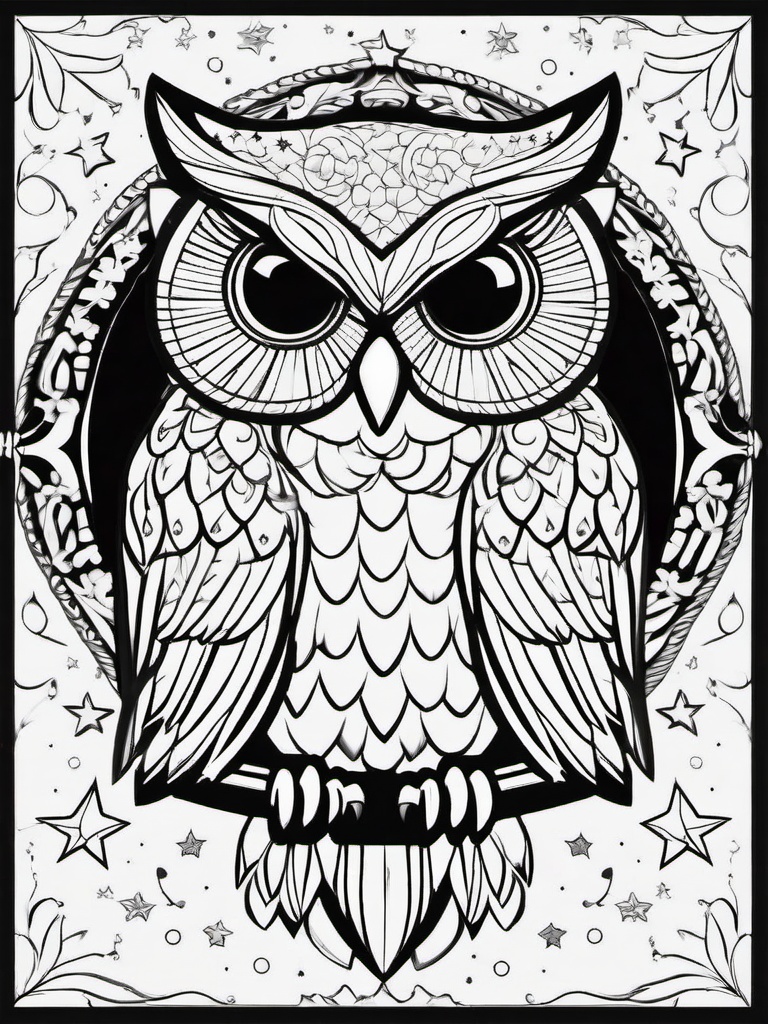 Owl Coloring Pages - Owl surrounded by stars and a full moon  simple coloring pages