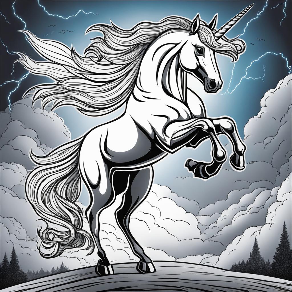 unicorn coloring pages - daring unicorn soaring through the heart of a thunderstorm, lightning illuminating its path. 