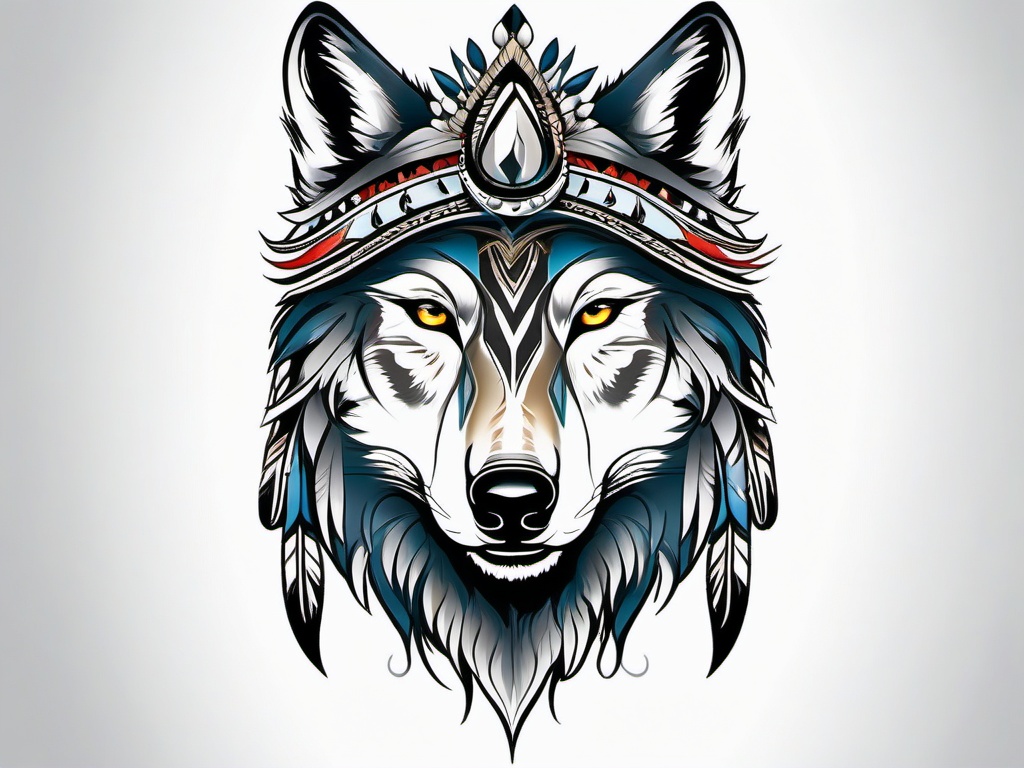 Wolf with Headdress Tattoo,wolf adorned with a tribal headdress in a striking tattoo, symbolizing courage and honor. , color tattoo design, white clean background