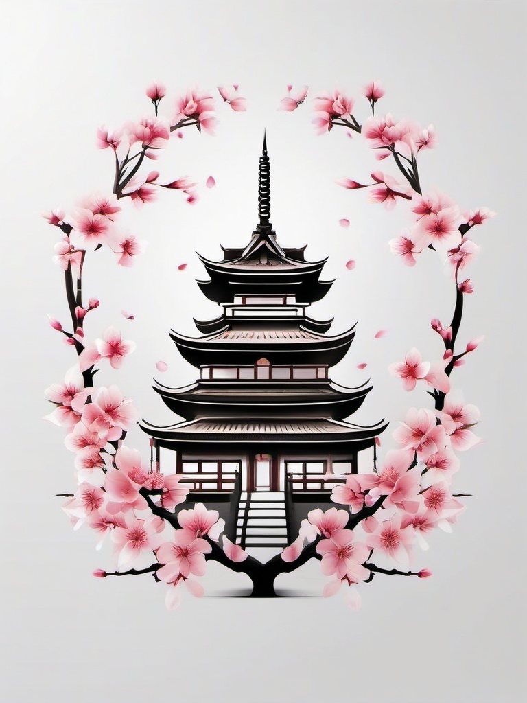 Cherry Blossom Temple Tattoo - Spiritual, blends blossoms with temples.  simple color tattoo,white background,minimal