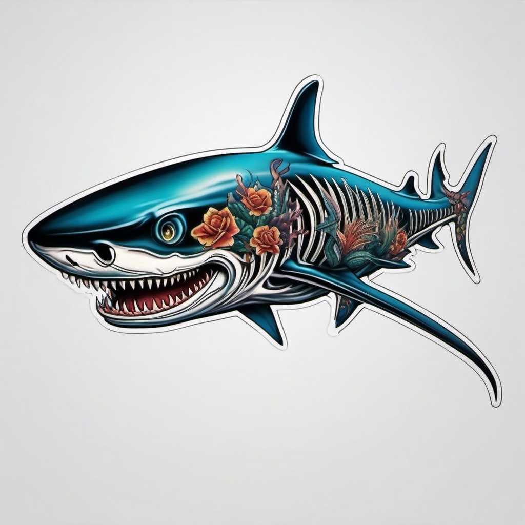 Skeleton Shark Tattoo,a captivating tattoo capturing the essence of a skeleton shark, symbolizing the mystery of the deep sea. , color tattoo design, white clean background