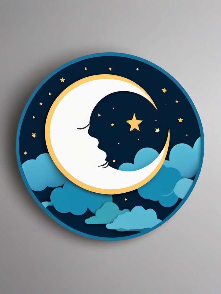 Moon with Clouds Sticker - Crescent moon surrounded by fluffy clouds, ,vector color sticker art,minimal