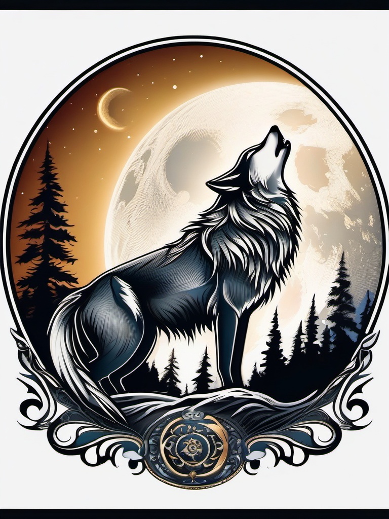 Wolf Howling at the Moon Tattoo,timeless scene, wolf serenading the moon, testament to the enduring connection with the cosmos. , color tattoo design, white clean background