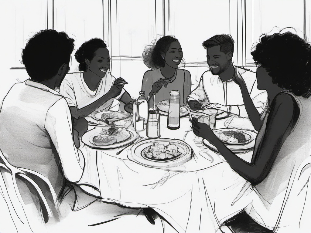 drawing of friends sharing a meal  minimal rough sketch scribbles,doodles,black and white