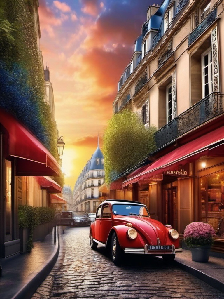 Paris Street View Scenery Wallpaper with Romantic Parisian Cafes wallpaper splash art, vibrant colors, intricate patterns