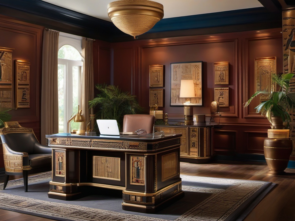 The home office exemplifies Egyptian Revival interior design, featuring ornate furnishings, hieroglyphic artwork, and rich colors that inspire creativity and focus while evoking a sense of history.  