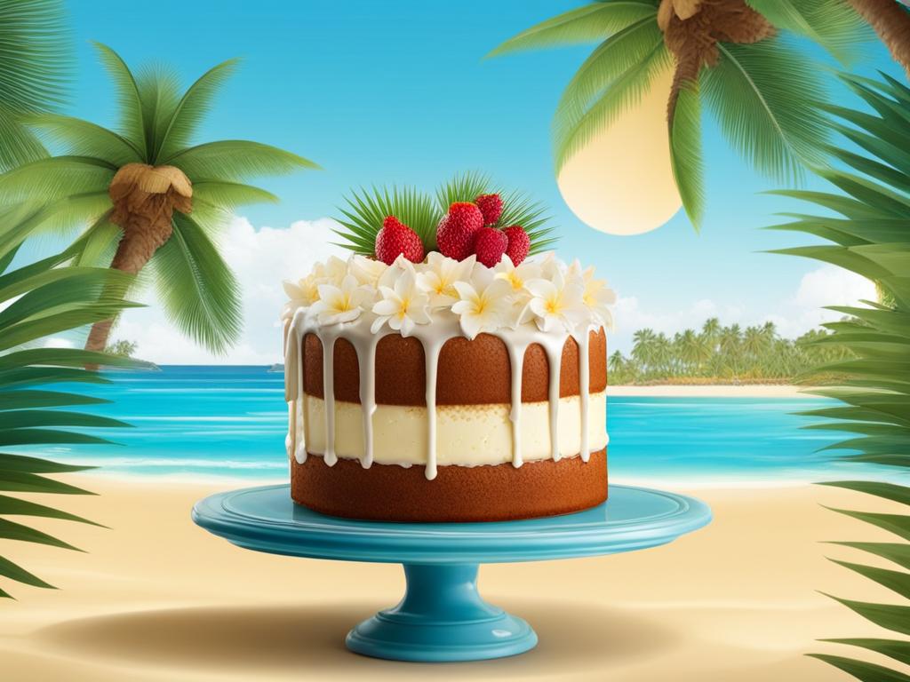 coconut cream cake enjoyed on a tropical island resort with swaying palm trees. 