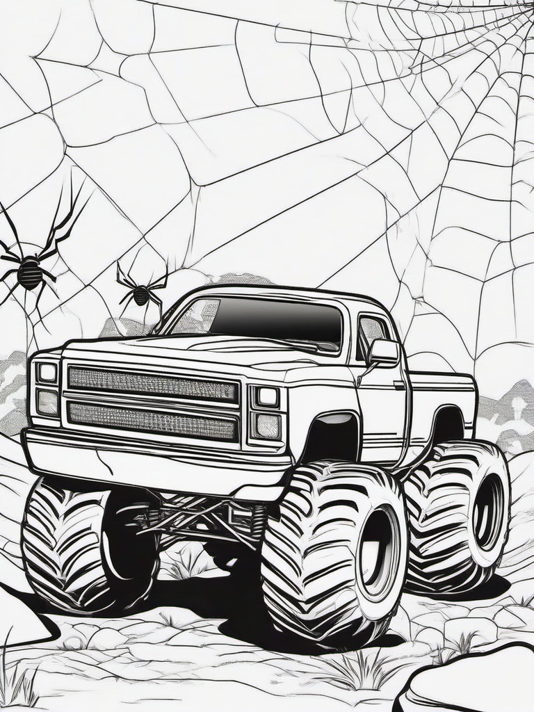 Monster Truck with Spider Design Coloring Pages - Creepy Trucks Covered in Spiderwebs  minimal black outline printable sheet, coloring page