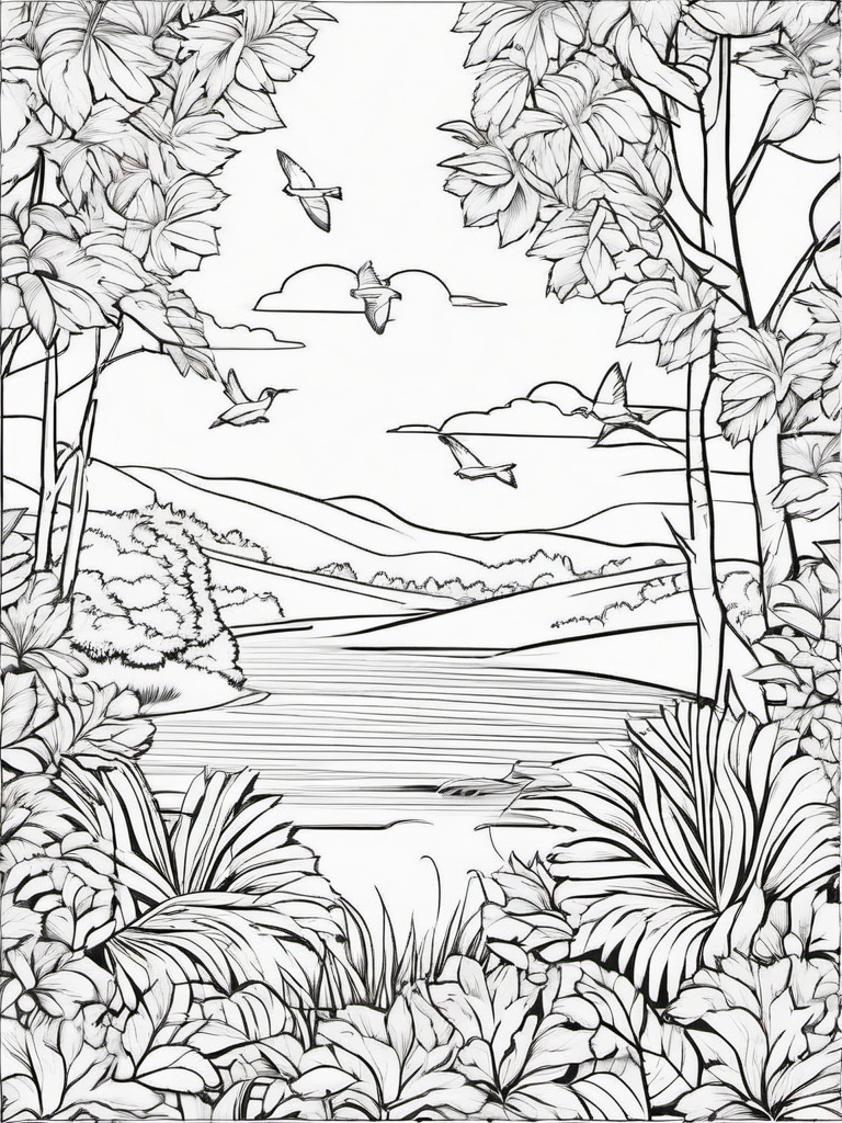 Summer Coloring Pages - Nature scene with birds chirping in trees  simple coloring pages