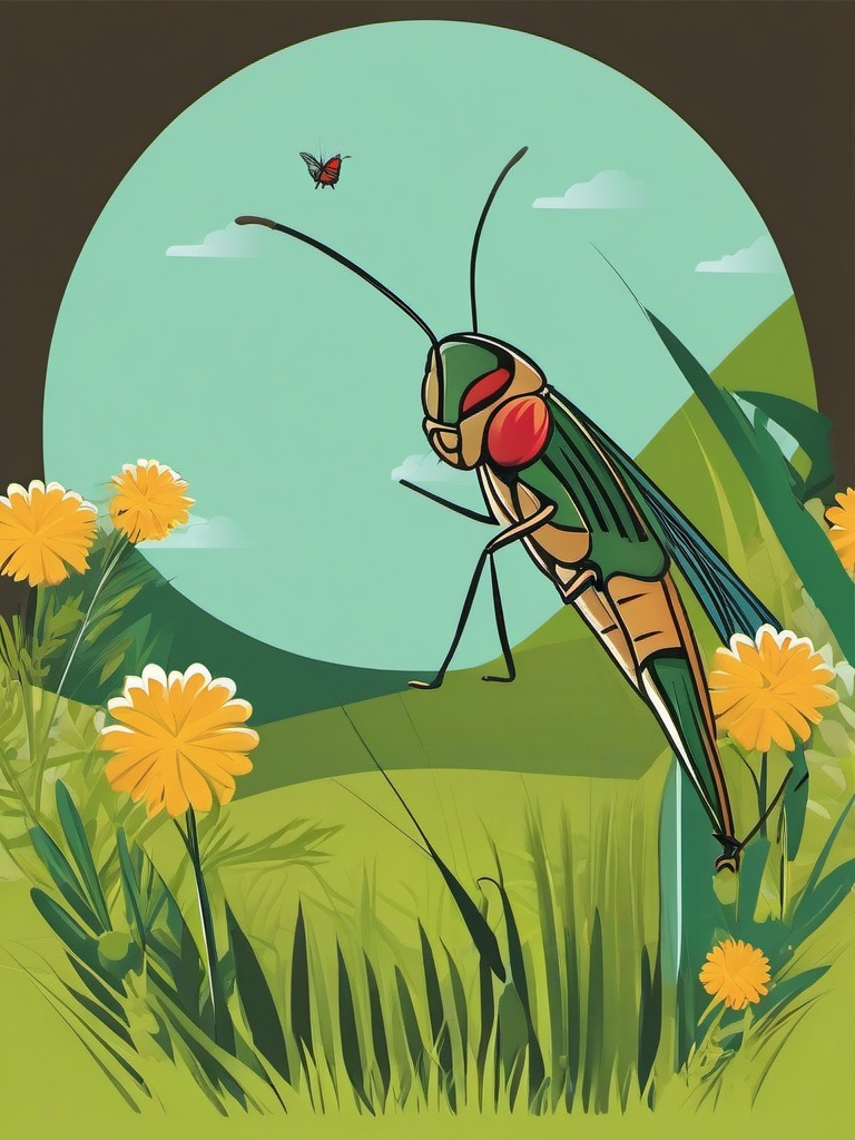 Chirping Cricket in the Meadow Clip Art - Chirping cricket enjoying the meadow,  color vector clipart, minimal style