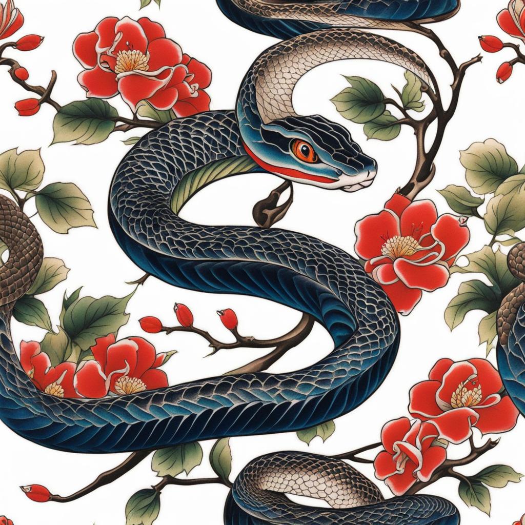 Japanese snake tattoo, Tattoos inspired by Japanese culture featuring snakes. colors, tattoo patterns, clean white background