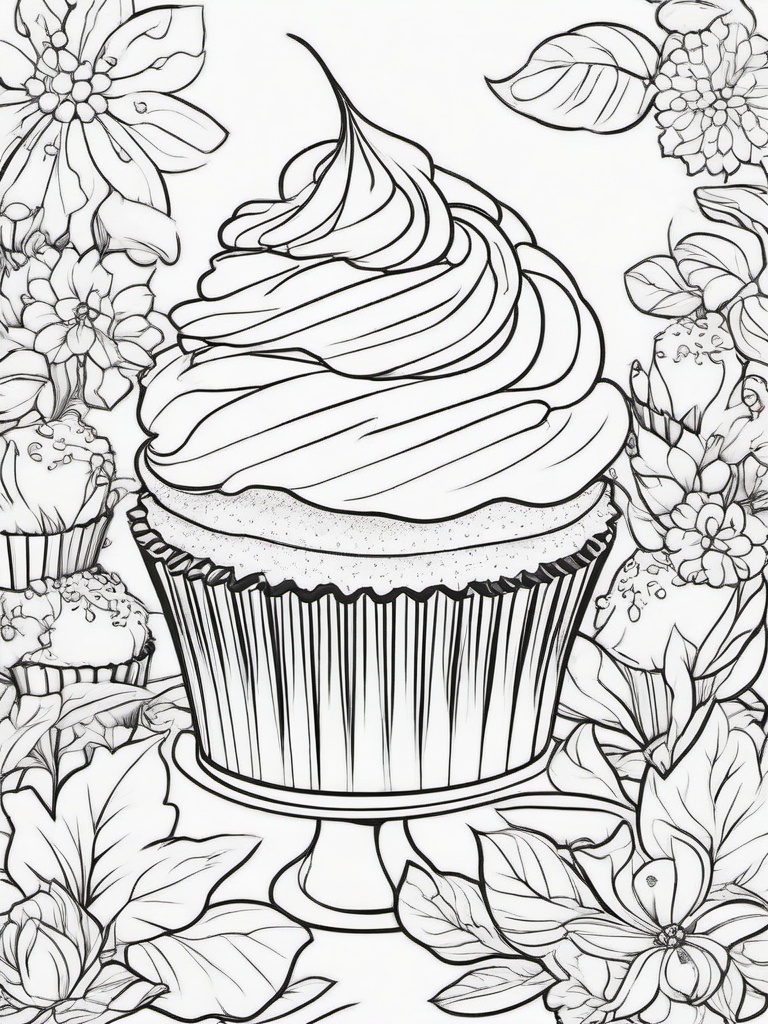 Cupcake Coloring Pages - Cupcake in a whimsical garden setting  simple coloring pages