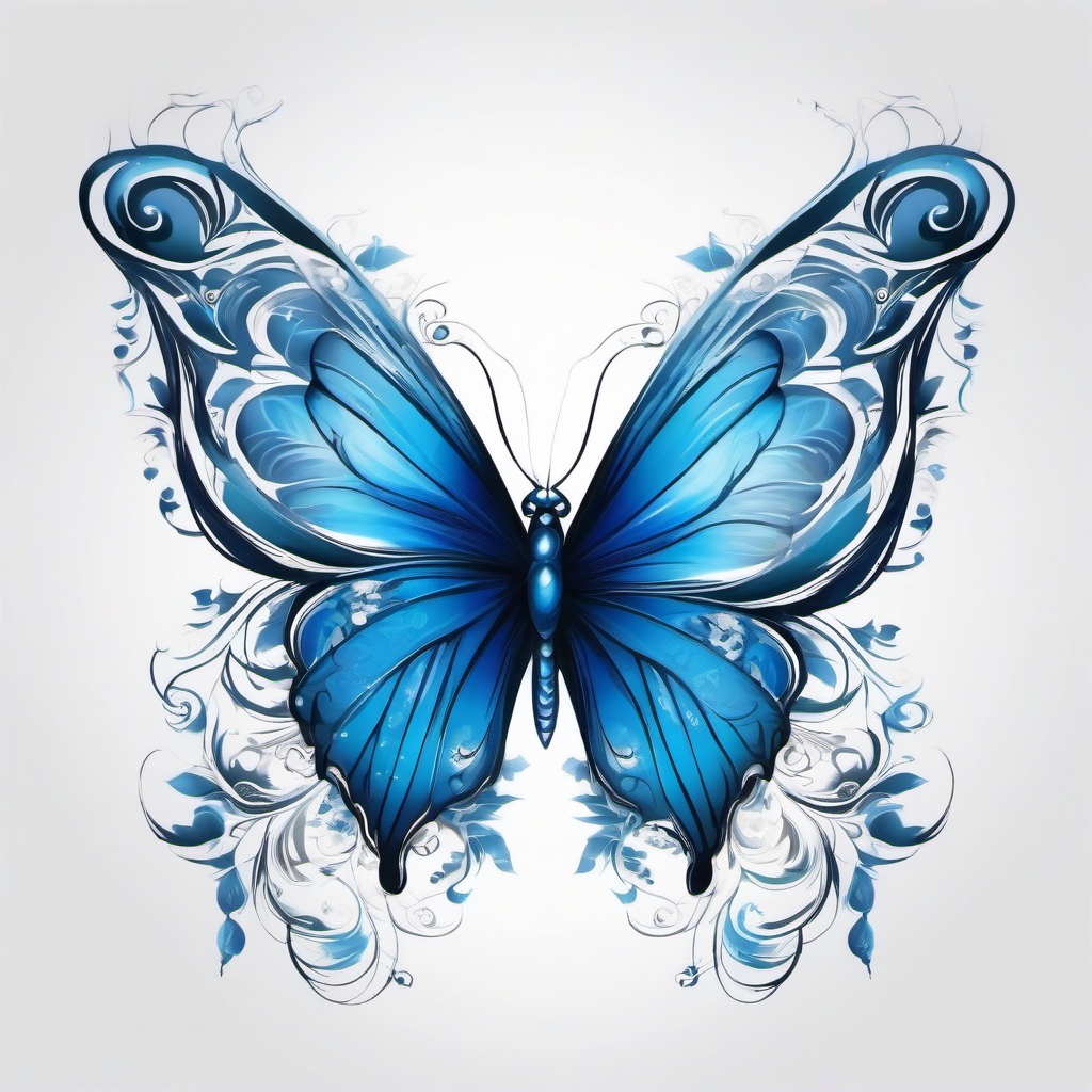 Blue butterfly with ethereal wings ink. Symbol of transcendent grace and beauty.  color tattoo, white background