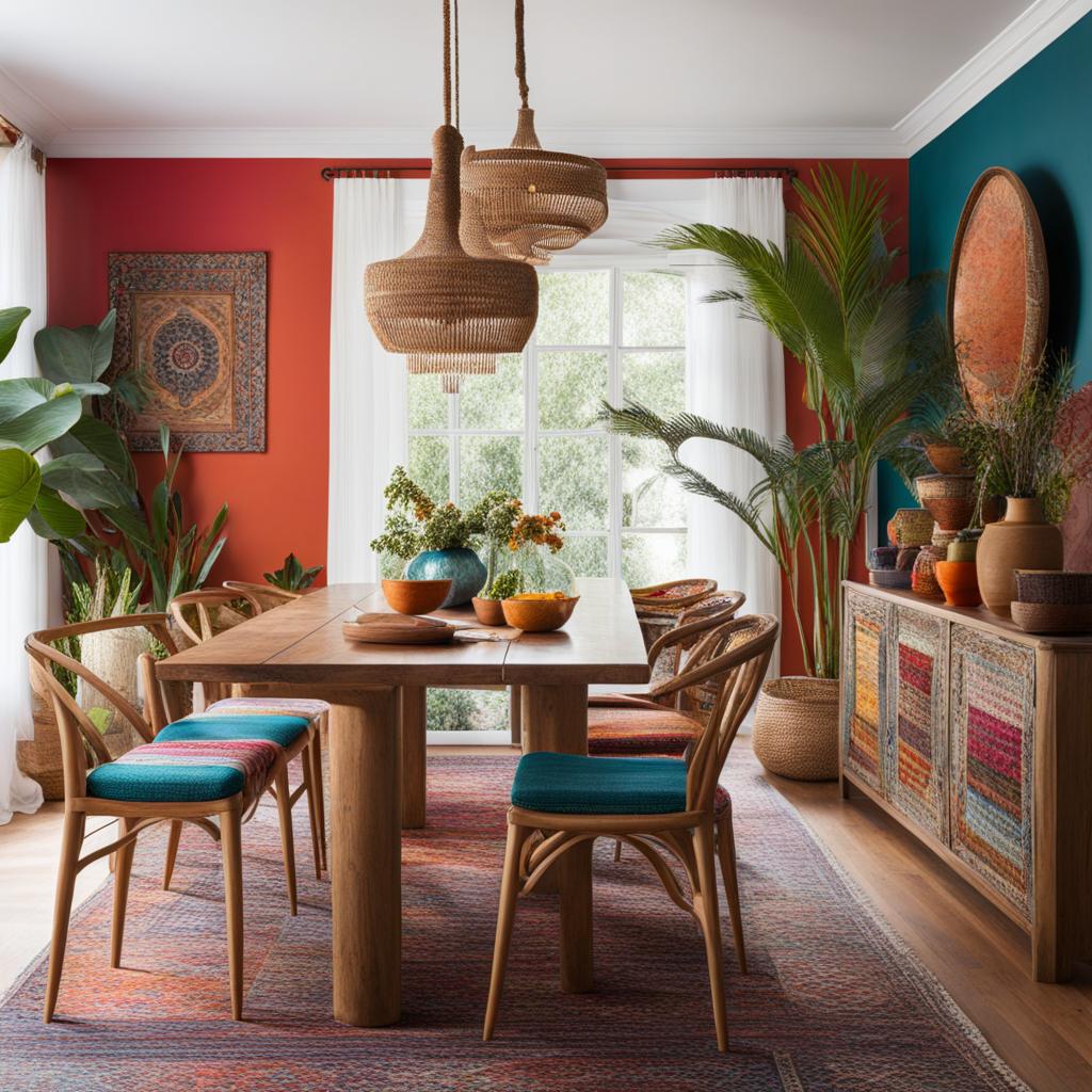 bohemian dining room with colorful textiles and eclectic decor. 