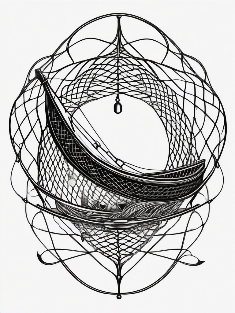 Fishing Net Tattoo,a tattoo representing the intricate details of a fishing net, a symbol of the art of angling. , tattoo design, white clean background