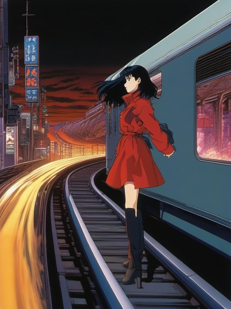 A mysterious anime girl, with the power to manipulate time, weaves through a train chase sequence to prevent a cataclysmic event in Neo-Tokyo.  1990s anime style