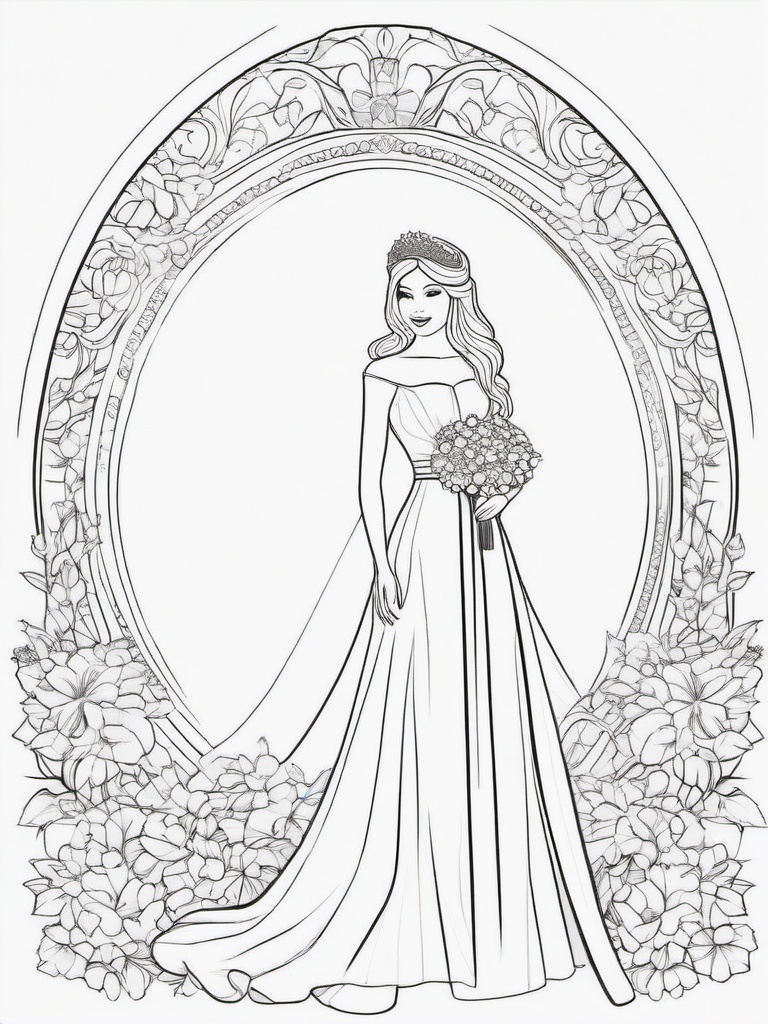 Royal Wedding Coloring Pages - Beautiful Bride in Elegant Wedding Dress  minimal black outline printable sheet, coloring page