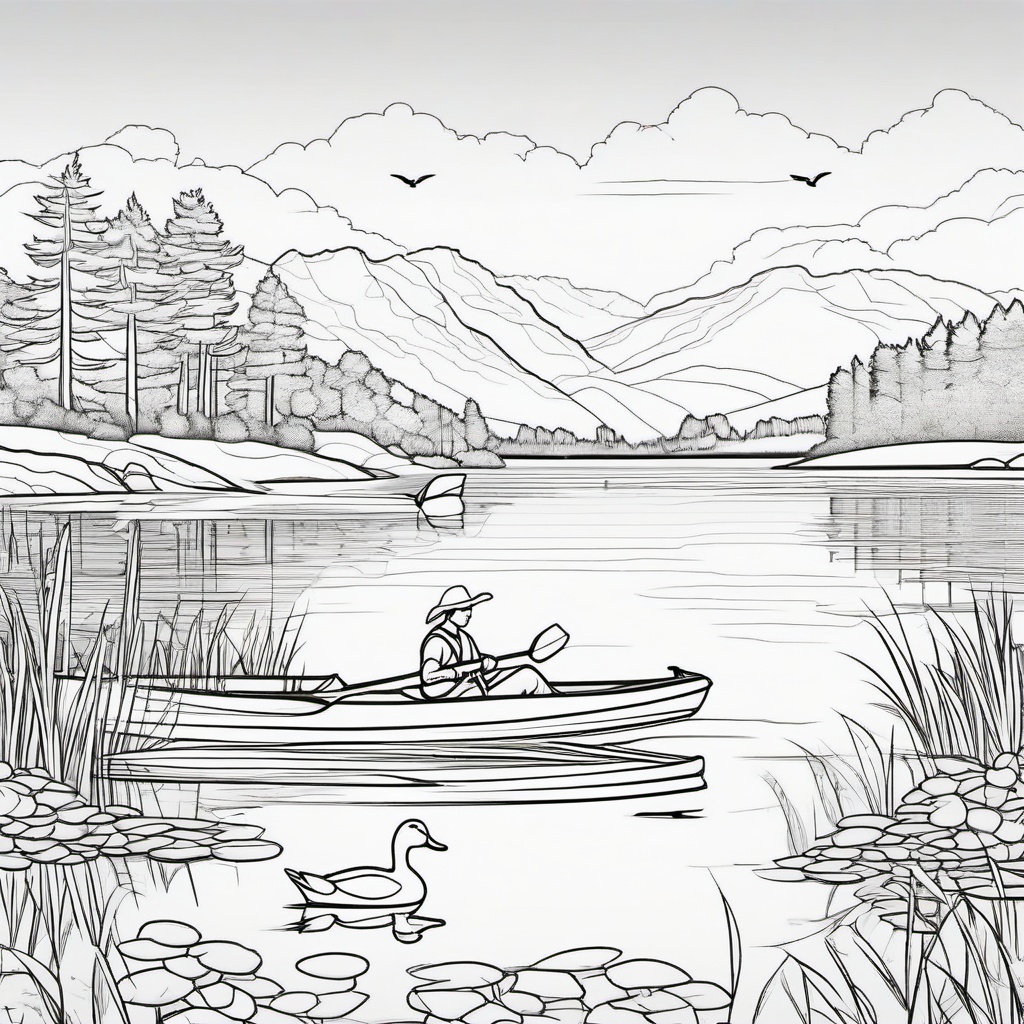 Kayaking on a calm lake with ducks  simple coloring pages