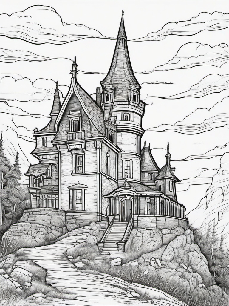 Horror Coloring Pages - Spooky abandoned castle on a foggy hill  simple coloring pages