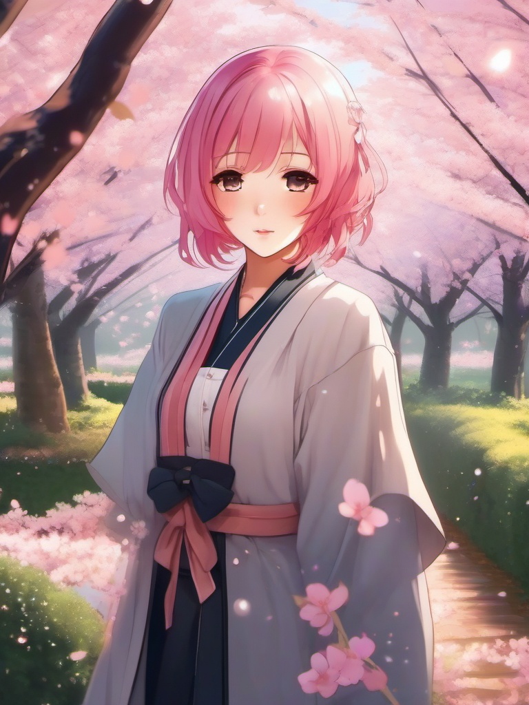 Charming anime girl with pink hair, standing in a serene cherry blossom garden, admiring the falling petals.  front facing ,centered portrait shot, cute anime color style, pfp, full face visible