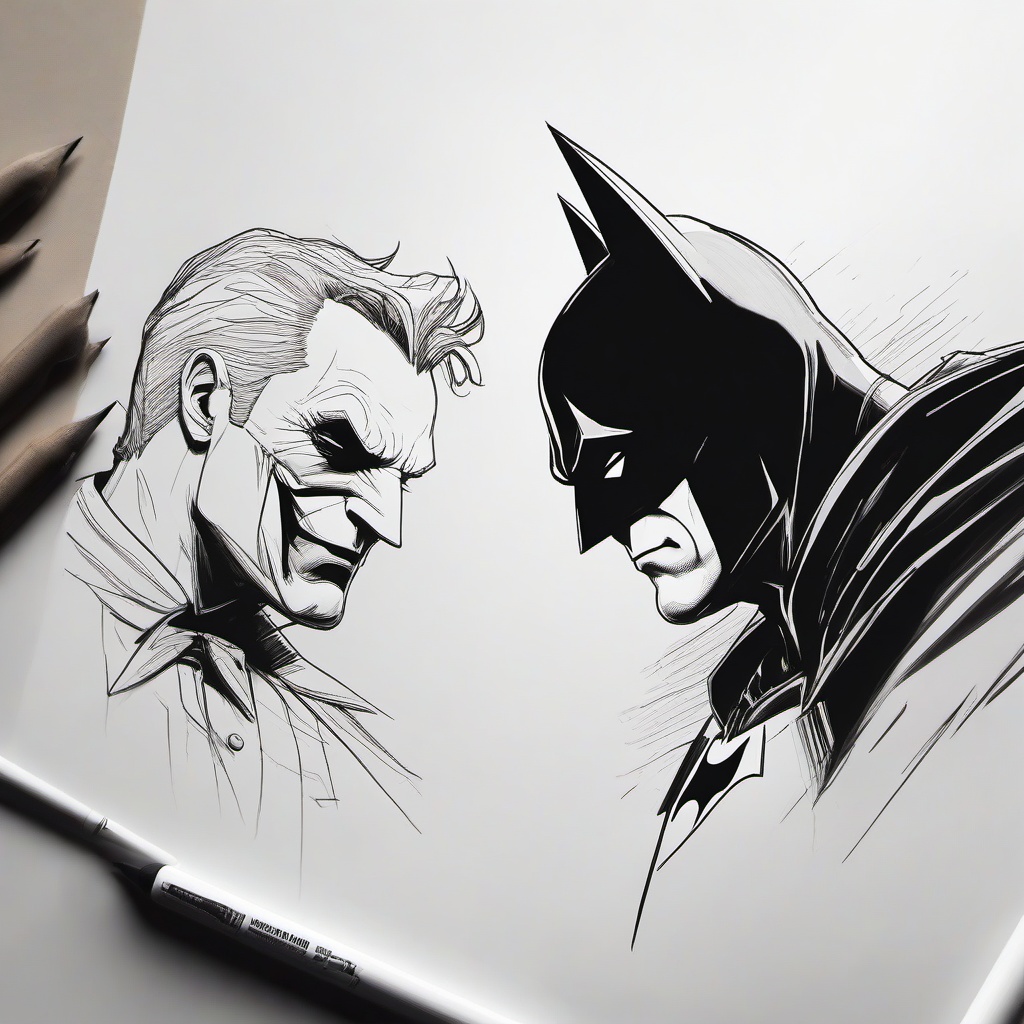 drawing of Batman facing off against the Joker  minimal rough sketch scribbles,doodles,black and white