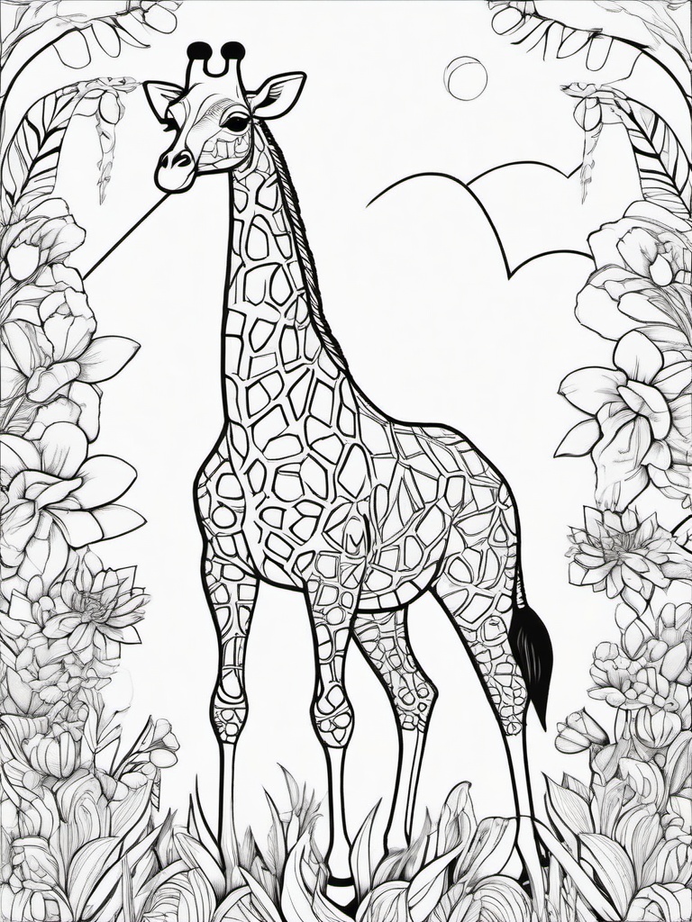 Giraffe Coloring Pages - Giraffe with a whimsical garden background  simple coloring pages