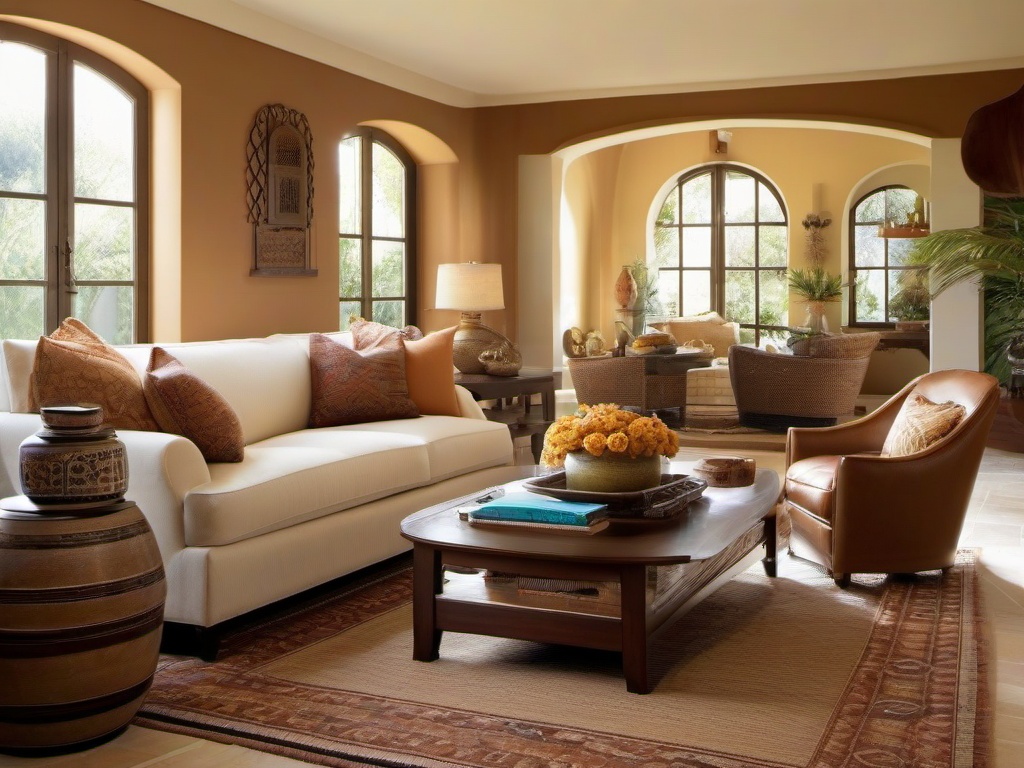 Mediterranean living room incorporates warm earth tones, comfortable seating, and decorative ceramics, reflecting a relaxed, sunny vibe.  