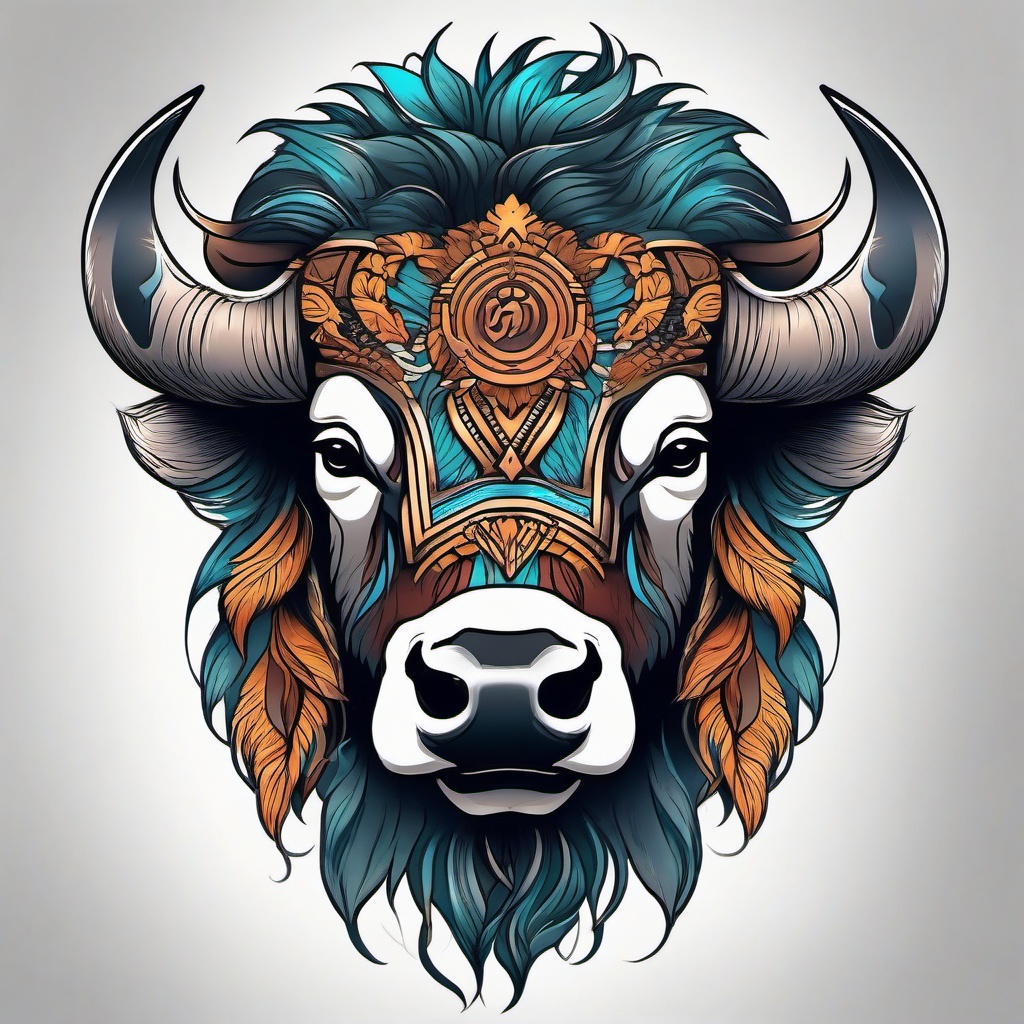 Bison tattoo, Bison tattoo, symbol of strength, endurance, and unity. , tattoo color art, clean white background  front facing ,centered portrait shot, cute anime color style, pfp, full face visible