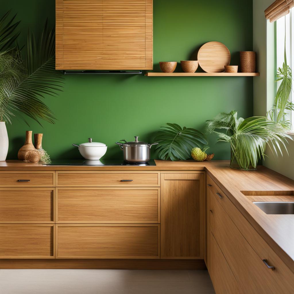 tropical-themed kitchen with bamboo accents and palm tree decor. 