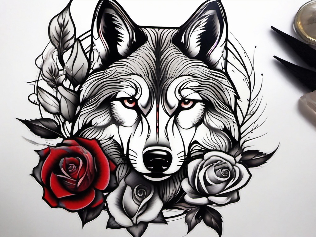 Rose Wolf Tattoo,fusion of the rose and wolf, celebration of the balance between grace and power. , tattoo design, white clean background