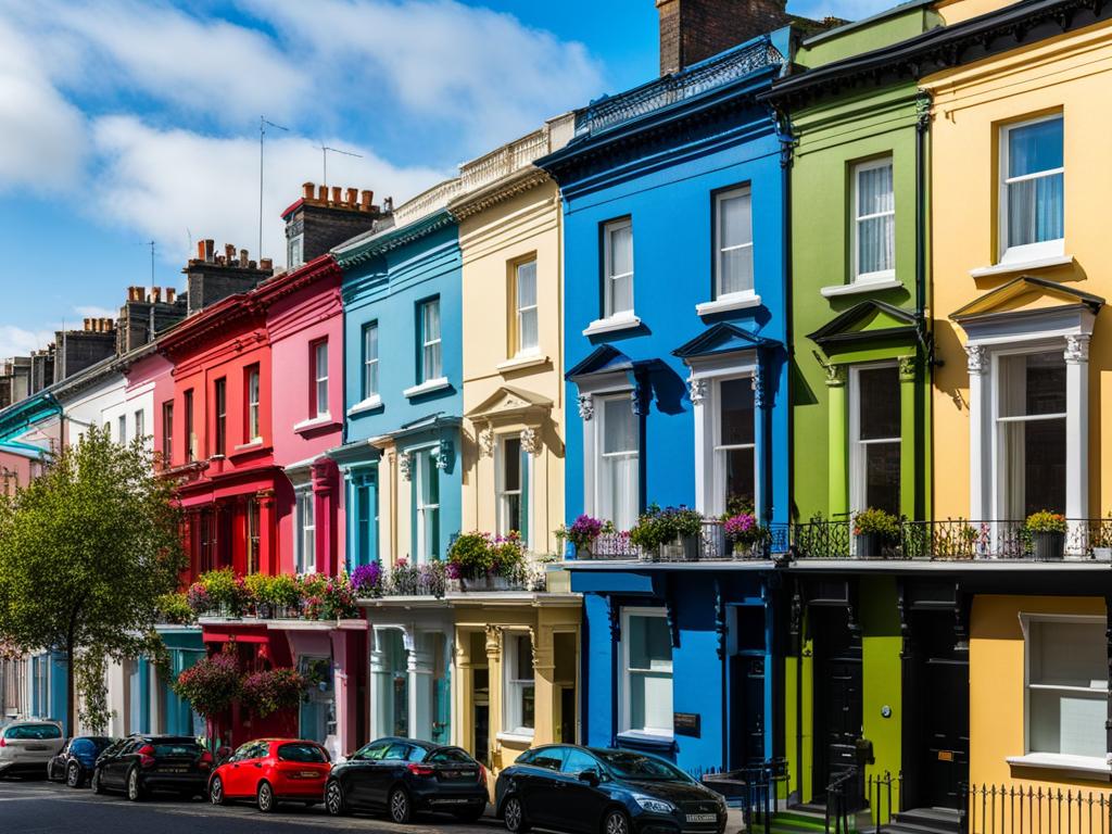 victorian terraces, with colorful facades, line the bustling streets of dublin, ireland. 