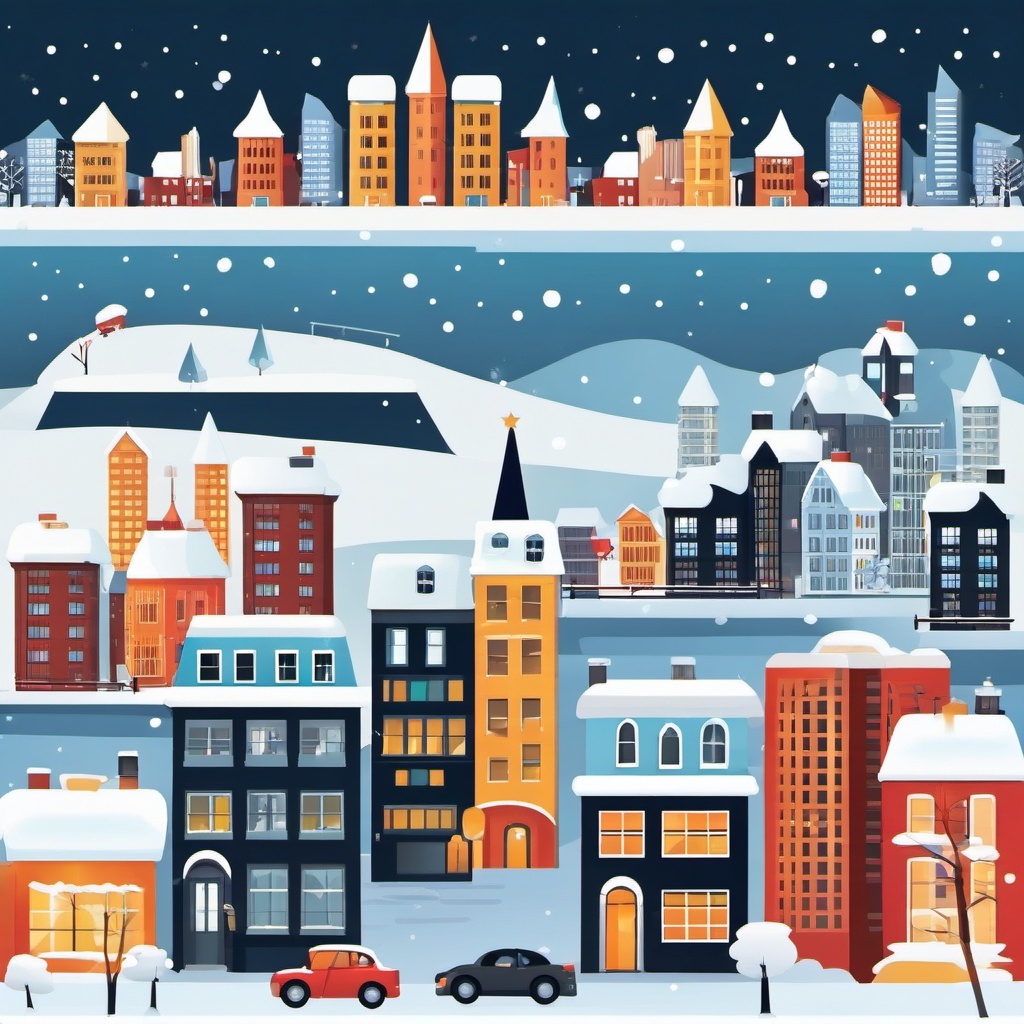 Winter Cityscape clipart - Urban skyline in the snow, ,vector color clipart,minimal