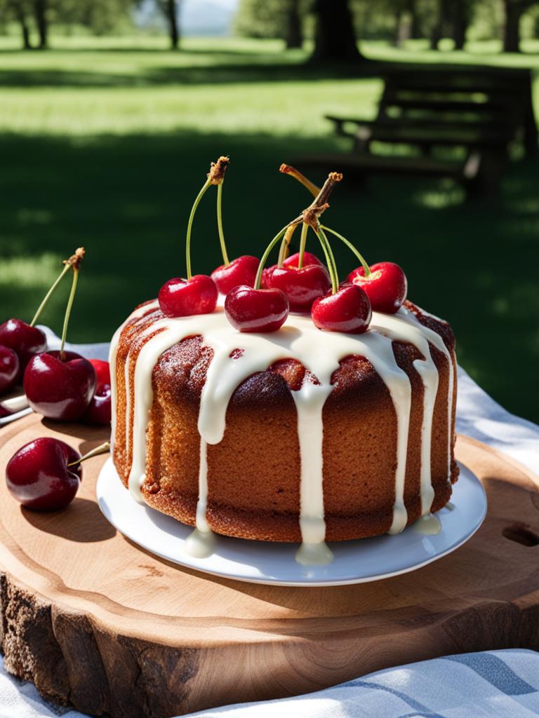 cherry almond cake with almond glaze, relished at a sunny orchard picnic. 