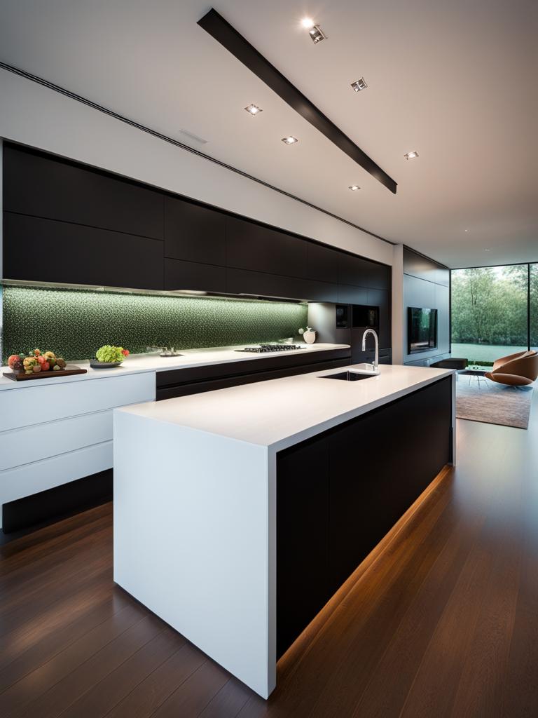 contemporary kitchen with sleek cabinetry and a waterfall island. 