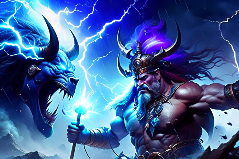 elemental shaman commanding a storm of lightning and wind to defeat an elemental titan. 