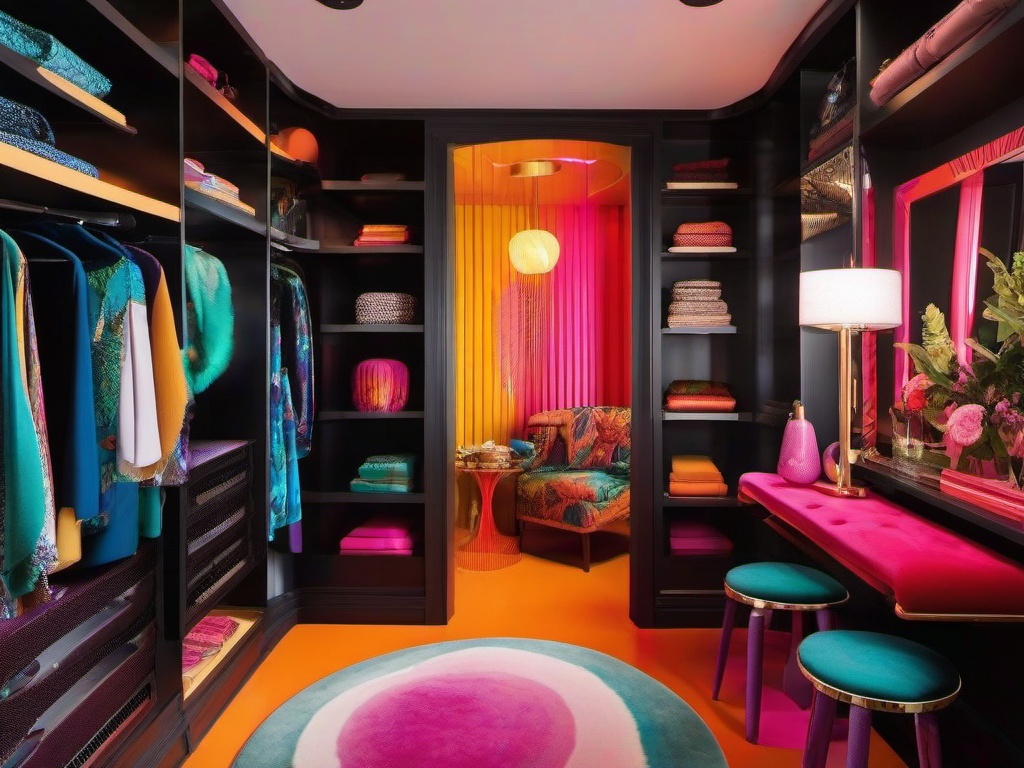 In the walk-in closet, psychedelic interior design includes vibrant colors, eclectic decor, and playful accents that create a stylish and imaginative dressing area.  