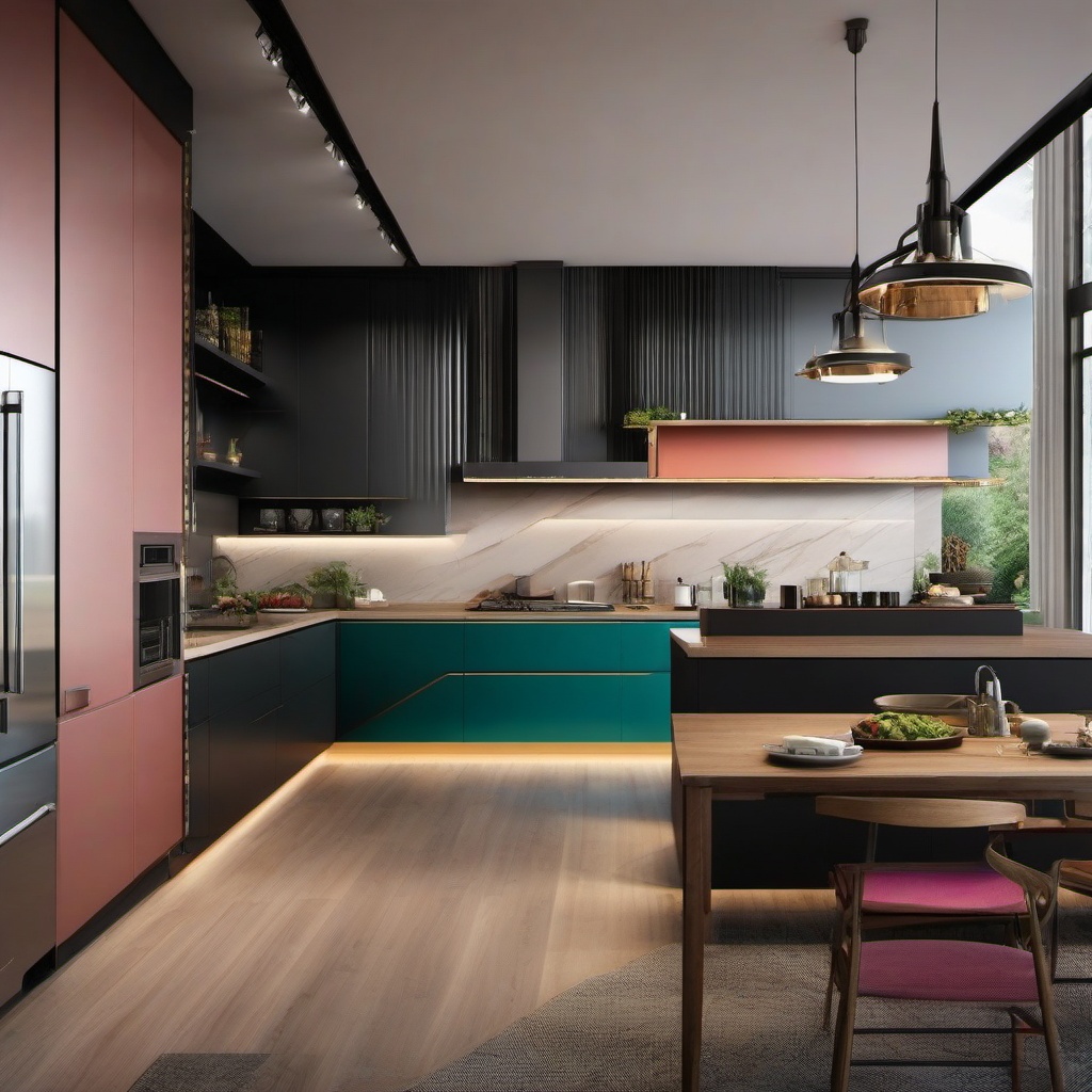 Gourmet Artistic Culinary Space - Create a gourmet kitchen that's also an artistic space. , kitchen layout design ideas, multicoloured, photo realistic, hyper detail, high resolution,