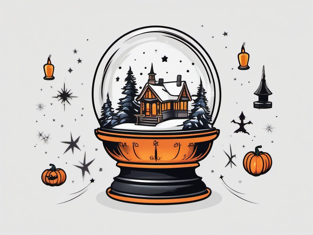 Halloween Snow Globe Tattoo - A festive Halloween-themed tattoo featuring a snow globe.  simple color tattoo design,white background