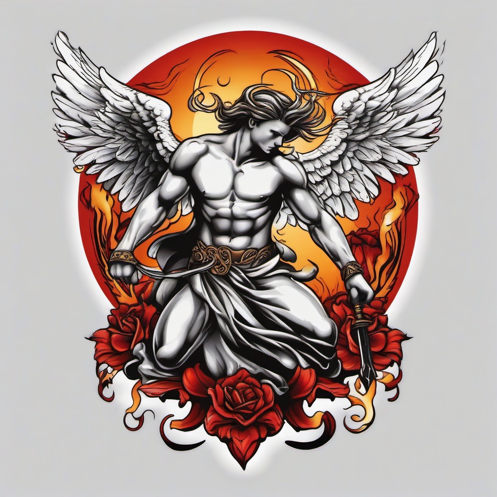 Angel Killing Demon Tattoo-Powerful and symbolic tattoo featuring an angel triumphing over a demon, capturing themes of good prevailing over evil.  simple color tattoo,white background