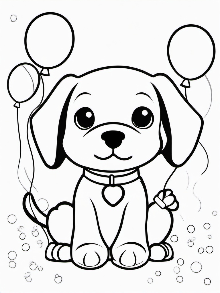 Puppy and Balloons Coloring Pages - Festive Puppy Surrounded by Balloons  minimal black outline printable sheet, coloring page