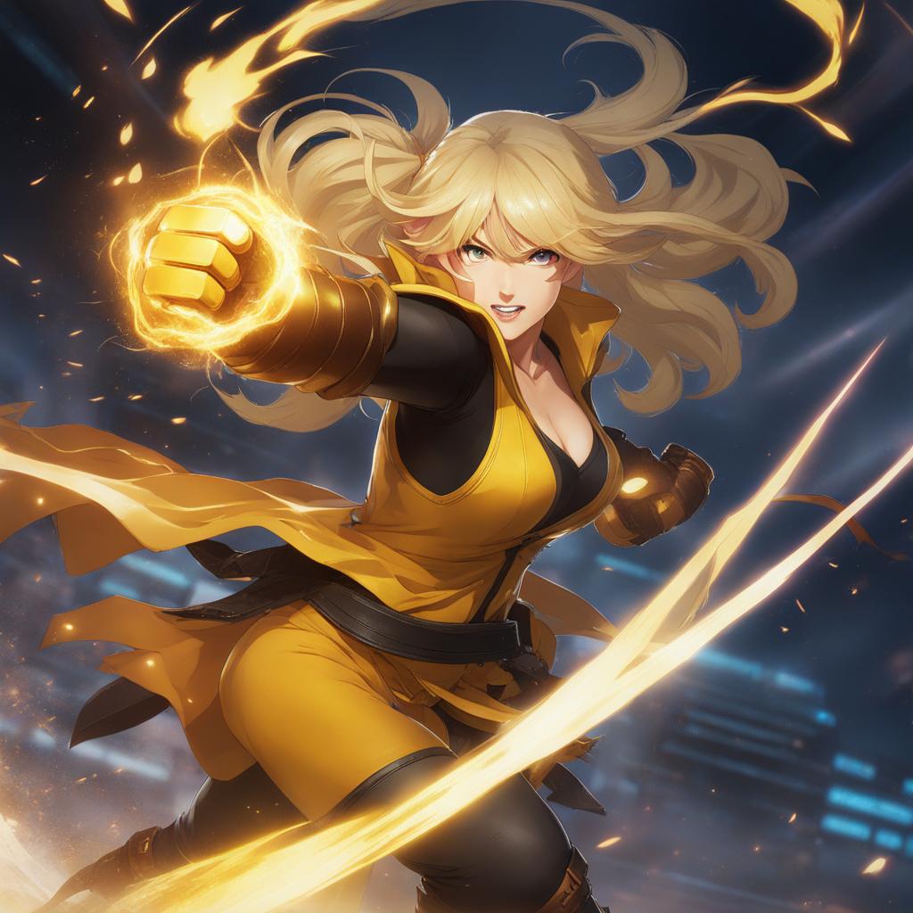 yang xiao long delivers powerful punches and kicks in a high-speed arena. 