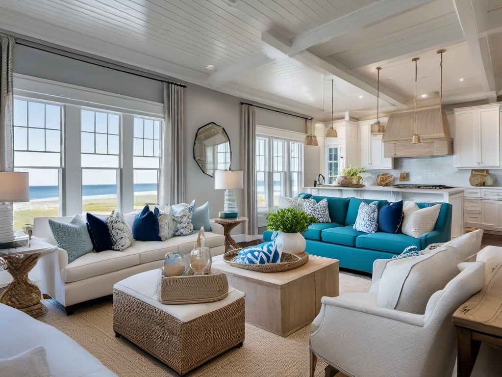 In the loft, Hampton interior design incorporates bright colors, comfortable furnishings, and coastal decor that create a lively and inviting open-concept living area.  