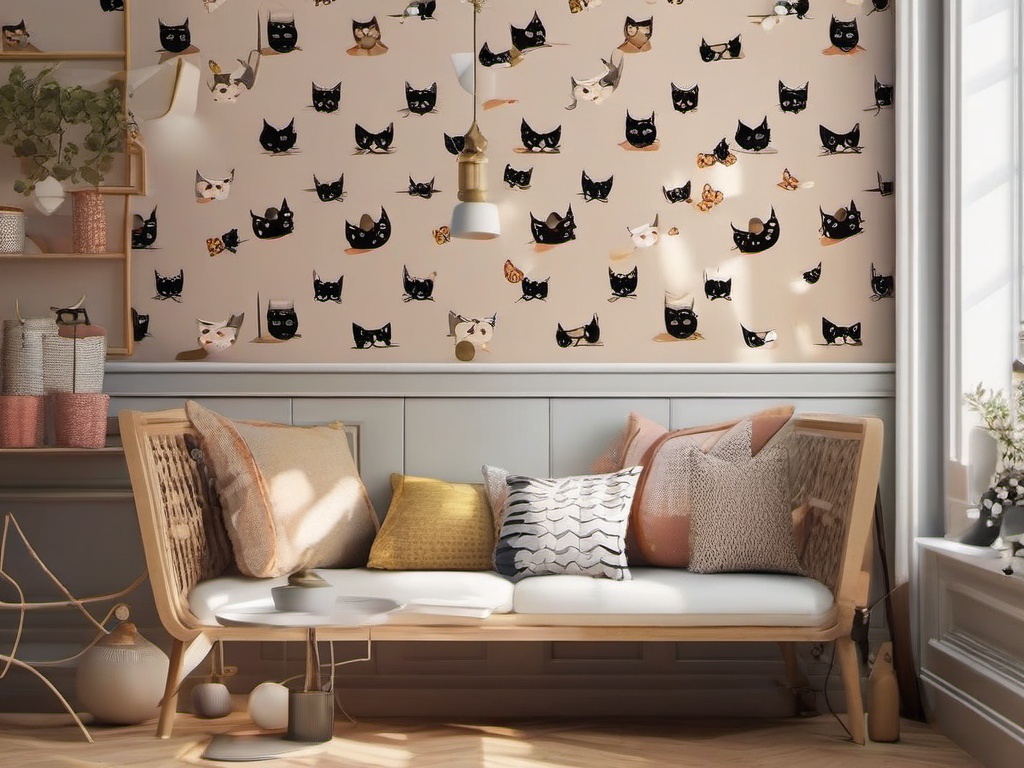 Cute Cat Wallpaper - Playful Cats in a Cozy Home  wallpaper style, intricate details, patterns, splash art, light colors